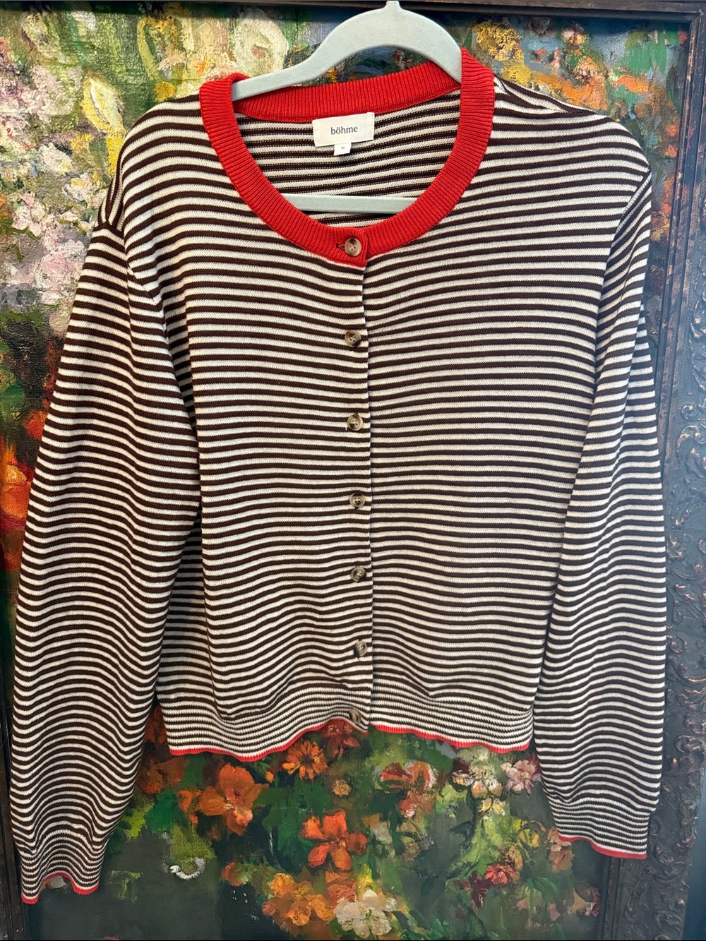 böhme Brown&Cream Striped Cardigan with Red Trim